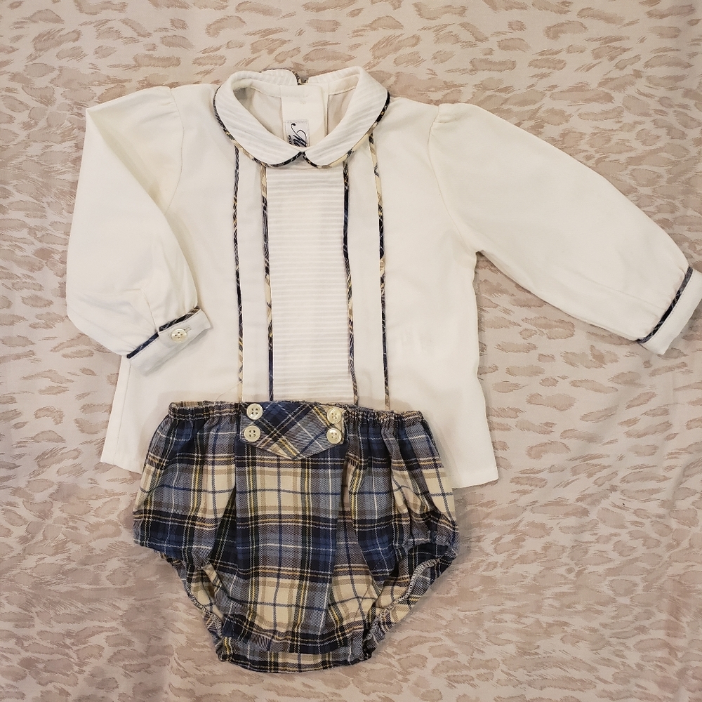 MIRANDA Cream + Blue Plaid Shirt Set 6m